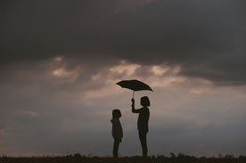 mother daughter clouds umbrella