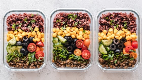 meal prep fruits and vegetables in containers.