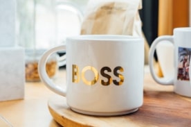 mug with gold letters saying "boss"