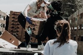 handing out donations.
