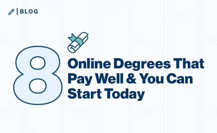 A small image of a rolled up diploma above text that says eight online degrees that pay well.