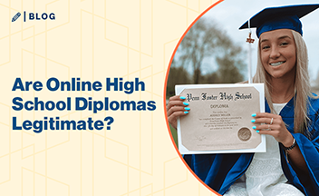 Image that says Are Online High School Diplomas Legitimate with photo of Penn Foster student holding diploma.