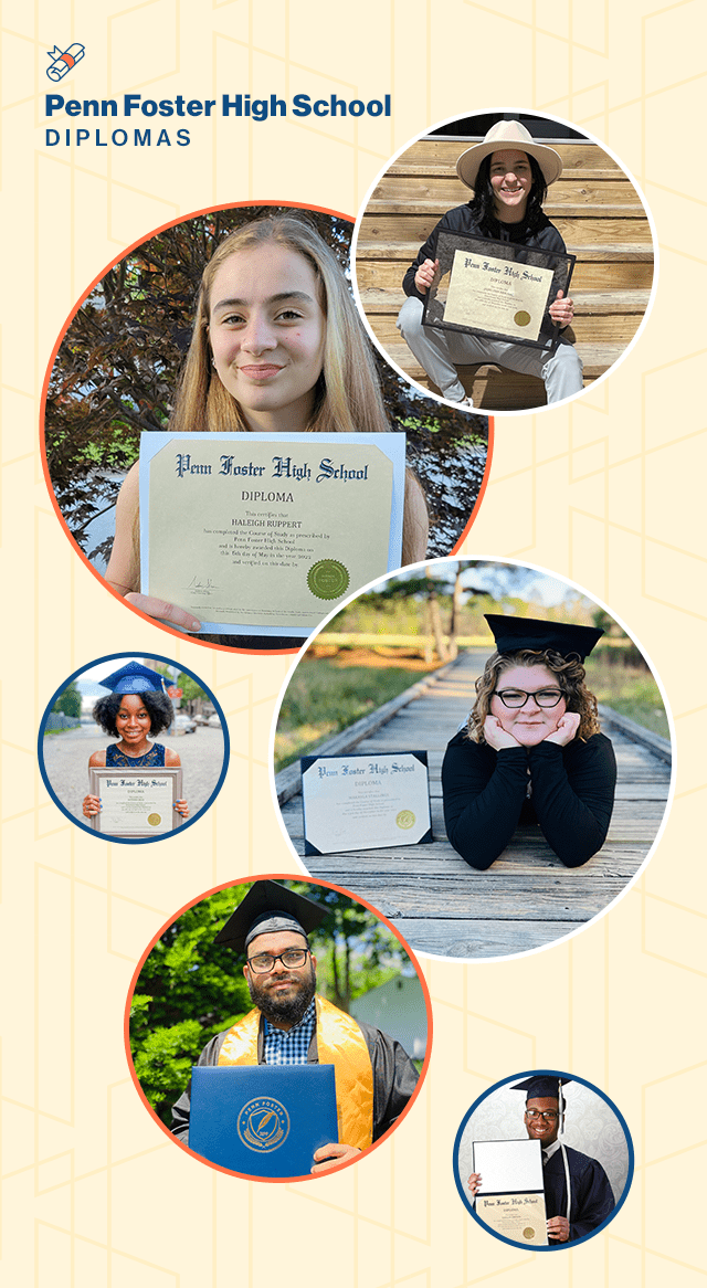 Image text Penn Foster High School Diplomas with photos of real Penn Foster graduates with their diplomas.