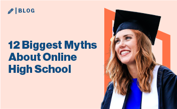 High school graduate on orange background with text 12 Biggest Myths About Online High School.