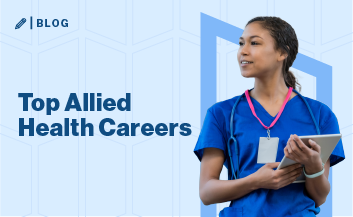 Image of woman in blue scrubs on blue background with text "Top Allied Health Careers."