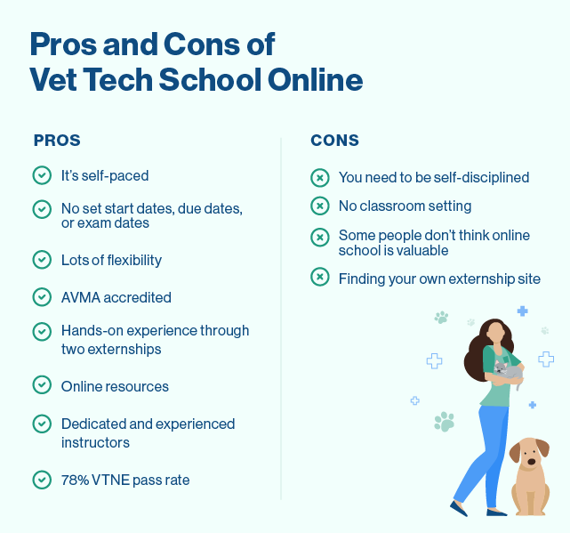 pros and cons of vet tech school online illustrated list.