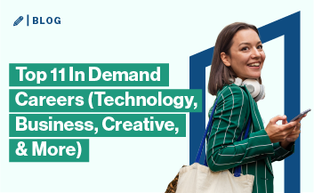 Woman with headphones and smartphone on green background with text Top 11 In Demand Careers (Technology, Business, Creative, and More).