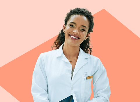 pharmacy technician in white lab coat on red and pink background.
