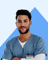 Man in blue scrubs on blue background.