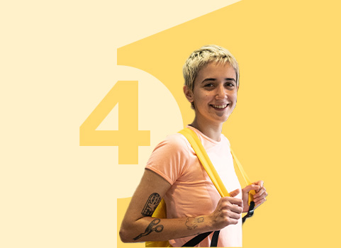 girl with short hair wearing a backpack on background with the number 4.