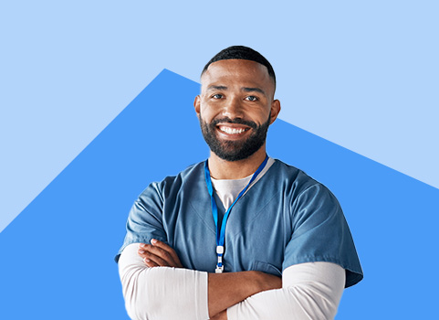 man in blue scrubs over white long sleeve shirt on blue background.