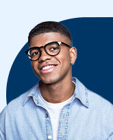 student on blue background.