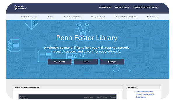 Screenshot of the Penn Foster Digital Library homepage.