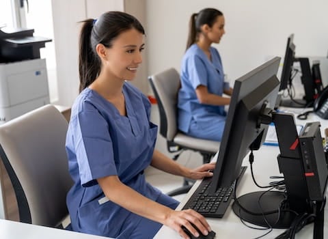 Two women in blue scrubs working at desktop computers in an office.