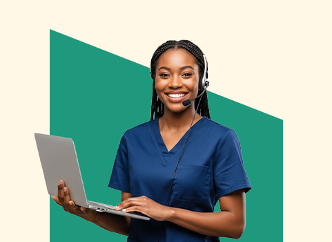 Woman in blue scrubs with headset and laptop.