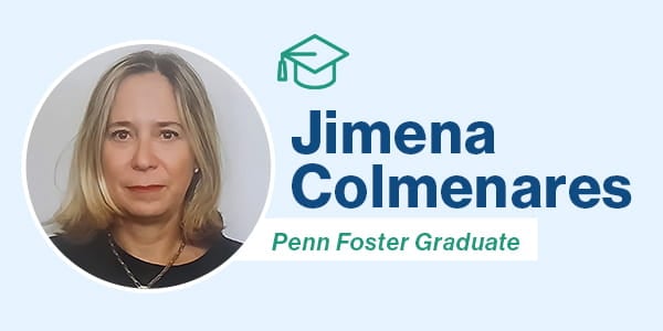 Penn Foster Healthcare Management grad Jimena Colmenares on blue background.