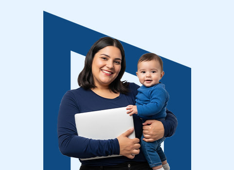 Mom in navy shirt holding laptop and small baby in blue onesie.