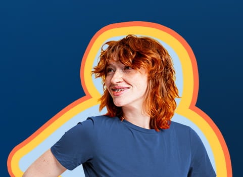 Red haired teen in blue shirt outlined in yellow and orange on navy blue background.