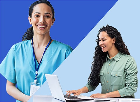 split screen woman in scrubs and woman in button down on a laptop.