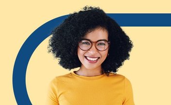 girl in yellow tshirt on yellow and blue background.