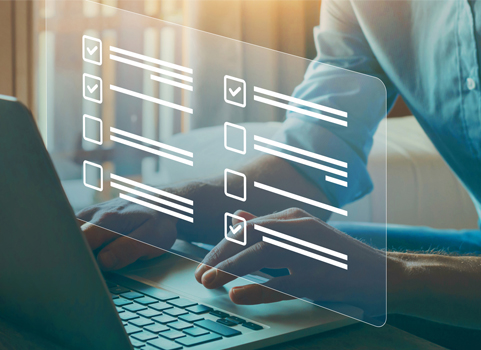 A close up look at two hands typing on a laptop, while an image of the computer screen floats in the middle of the image
