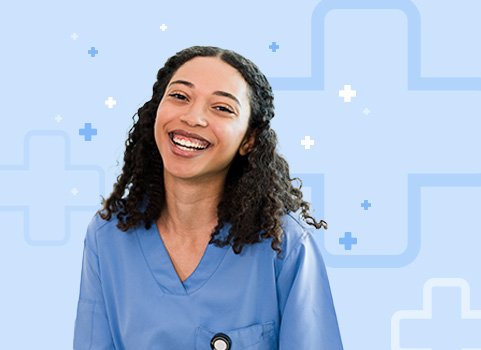 Woman with medium dark skintone and dark curly hair, wearing scrubs to demonstrate working as a certified medical coder