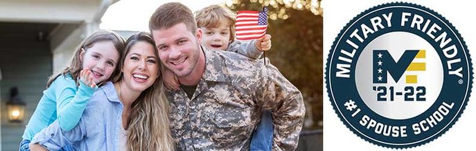 smiling military family with military friendly badge.