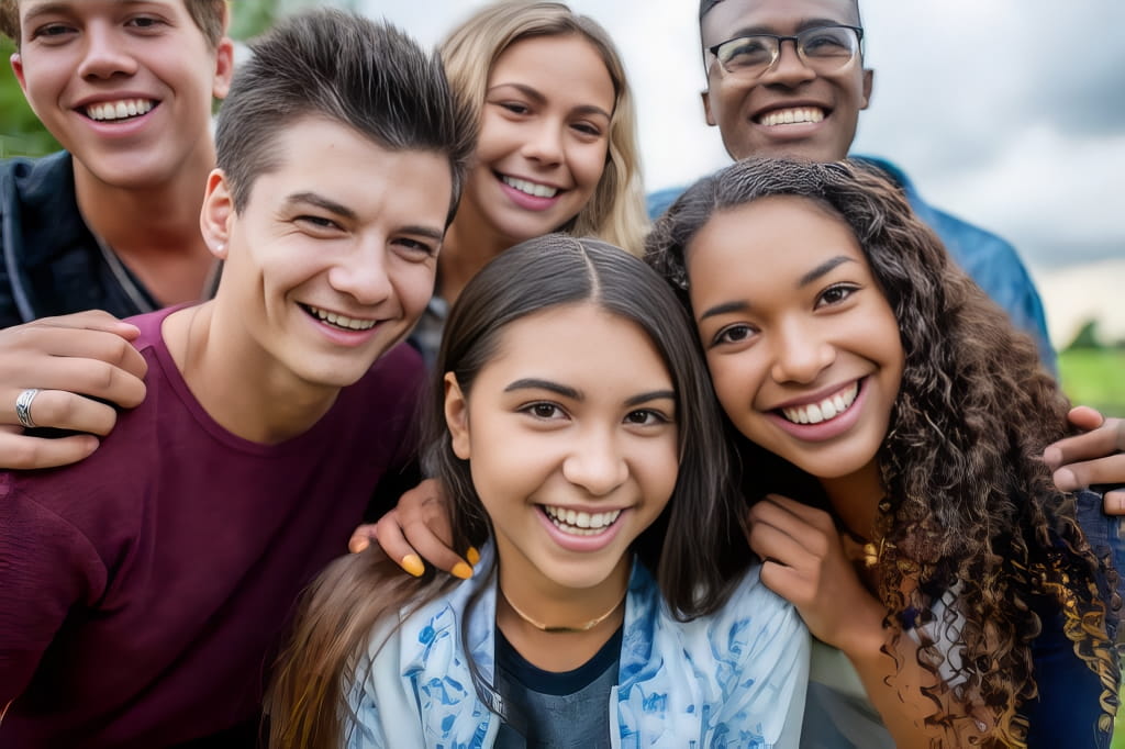 Group of teen boys and girls smiling for a photo outdoors.