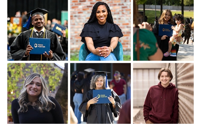 6 photos of Penn Foster High School graduates of various ages and genders.