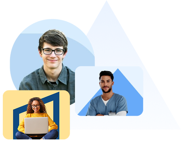 Pictures of a teen boy in glasses, a teen girl in a yellow sweater using a laptop, and a man in scrubs on colored background.
