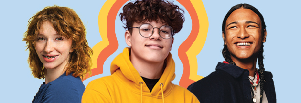 Three young people stand side by side, smiling. The person in the middle wears glasses and a yellow hoodie. The background is blue with orange outlines behind them.