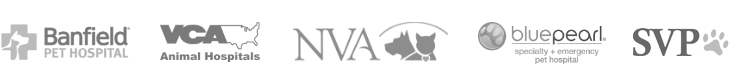 Banfield Animal Hospital, VCA Animal Hospitals, NVA, BluePearl, SVP logos.