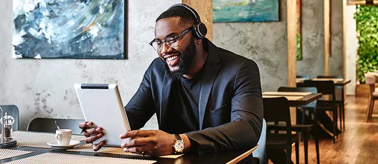 business professional on virtual meeting.