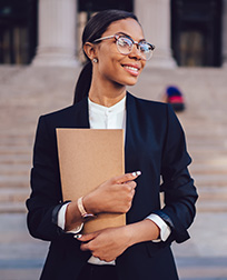 female criminal justice professional in front of courthouse.