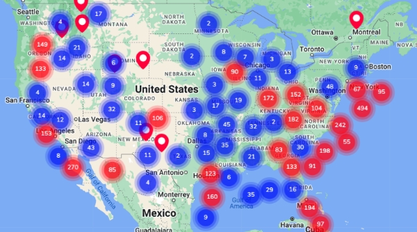 Map of the United States with red and blue dots showing possible externship sites.