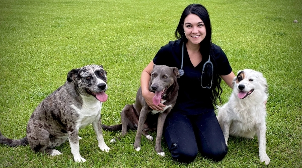 Penn Foster Vet Tech student with three dogs in field.